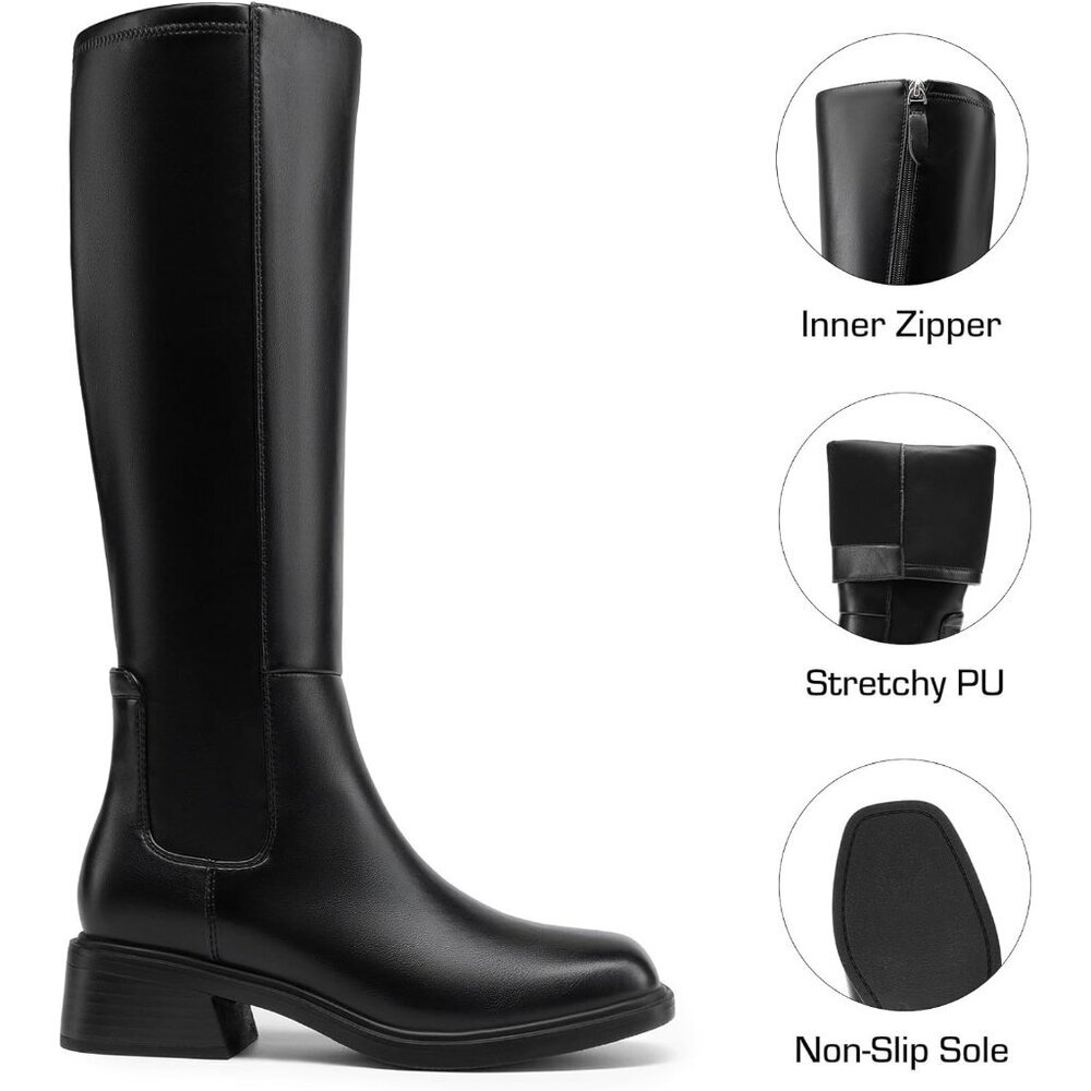 Women's Black Block Heel Casual Long Boots Knee High Side Zipper Faux Leather - Picture 3 of 6